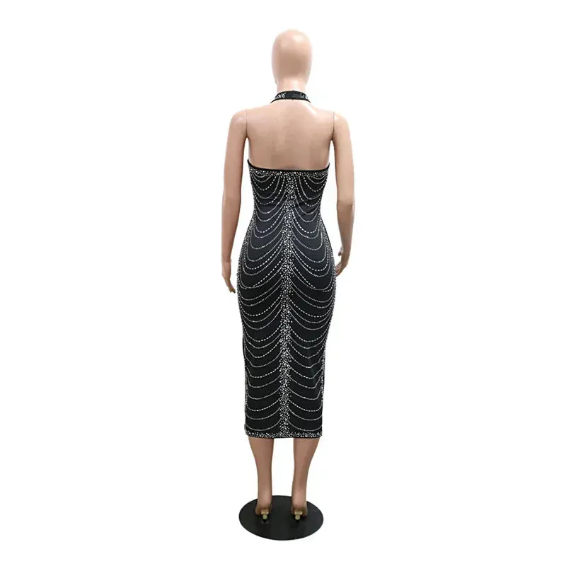 Sexy Backless Bodycon Midi Dress for Women – Summer Halter Front Split Rhinestone Party Dress with Diamonds for Nightclub