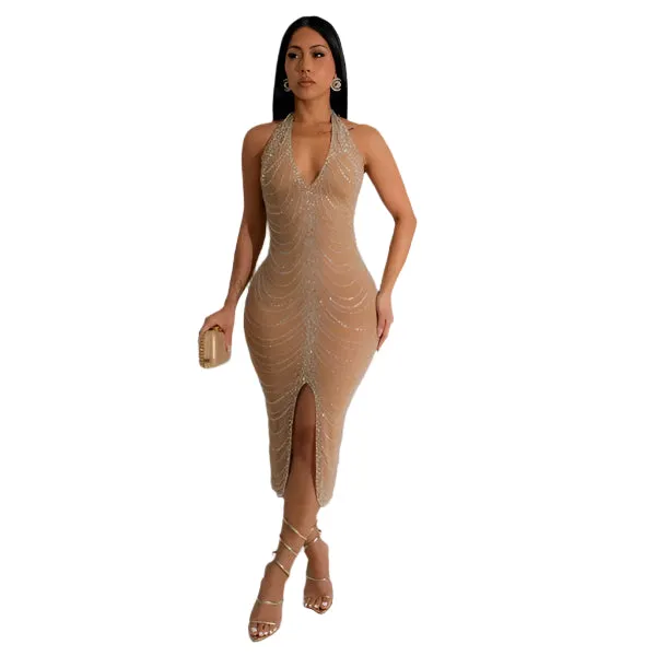 Sexy Backless Bodycon Midi Dress for Women – Summer Halter Front Split Rhinestone Party Dress with Diamonds for Nightclub