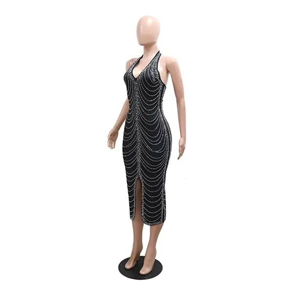 Sexy Backless Bodycon Midi Dress for Women – Summer Halter Front Split Rhinestone Party Dress with Diamonds for Nightclub