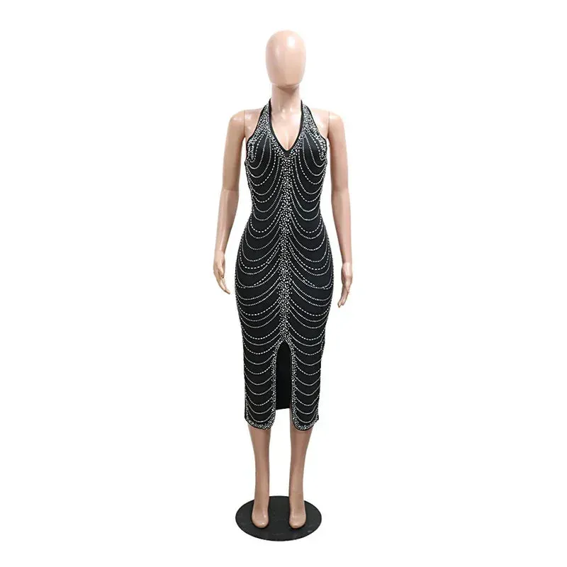 Sexy Backless Bodycon Midi Dress for Women – Summer Halter Front Split Rhinestone Party Dress with Diamonds for Nightclub