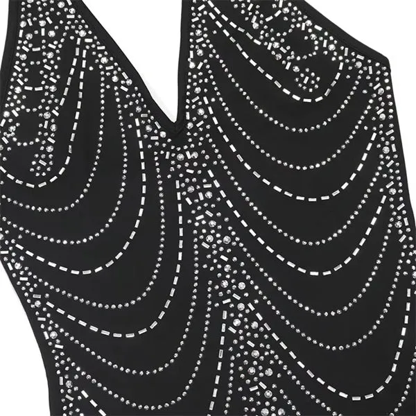 Sexy Backless Bodycon Midi Dress for Women – Summer Halter Front Split Rhinestone Party Dress with Diamonds for Nightclub