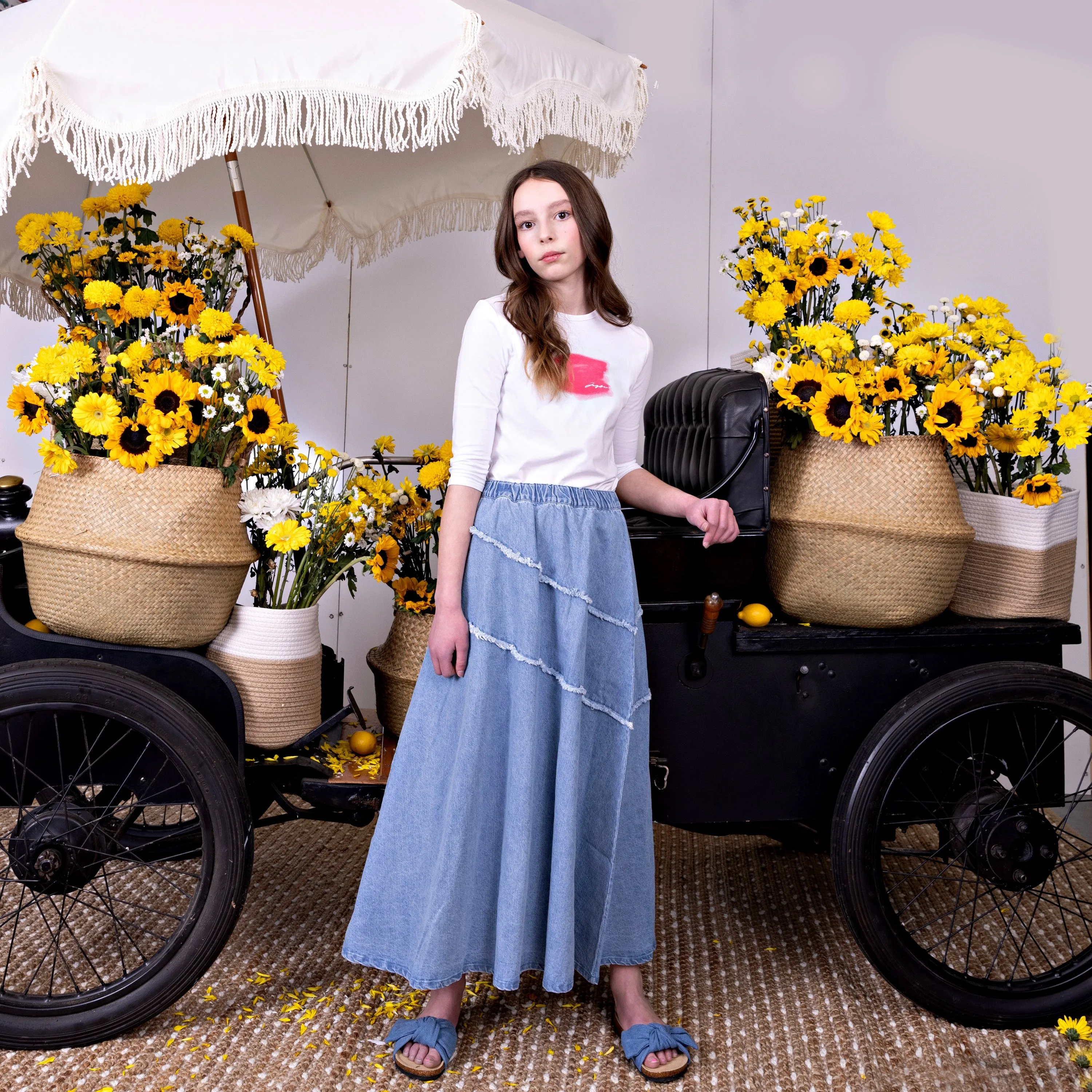 skirt maxi raw edge panel - blue denim