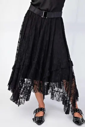 Slick Black Lace Tier and Slip Midi Skirt