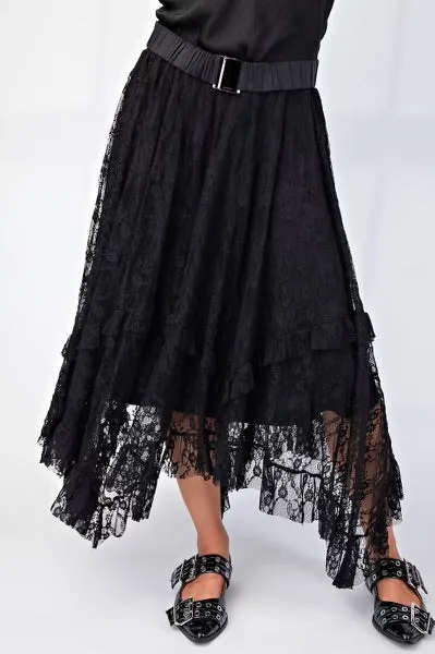 Slick Black Lace Tier and Slip Midi Skirt