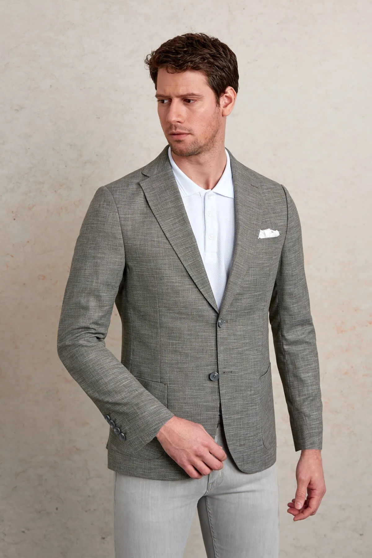 Slim Fit Notch Lapel Khaki Linen Casual Blazer