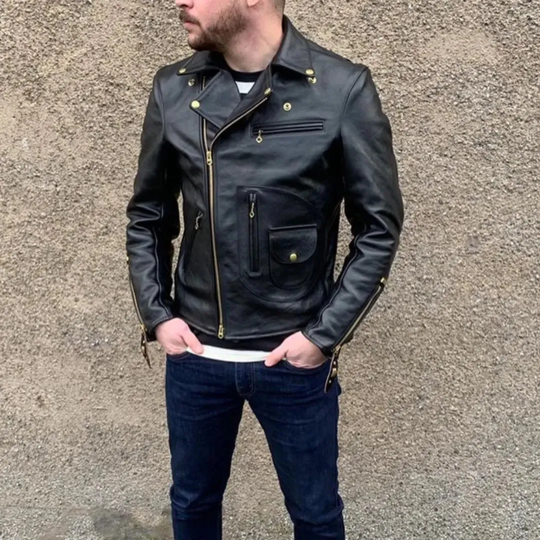 Snap Collar Biker Leather Jacket
