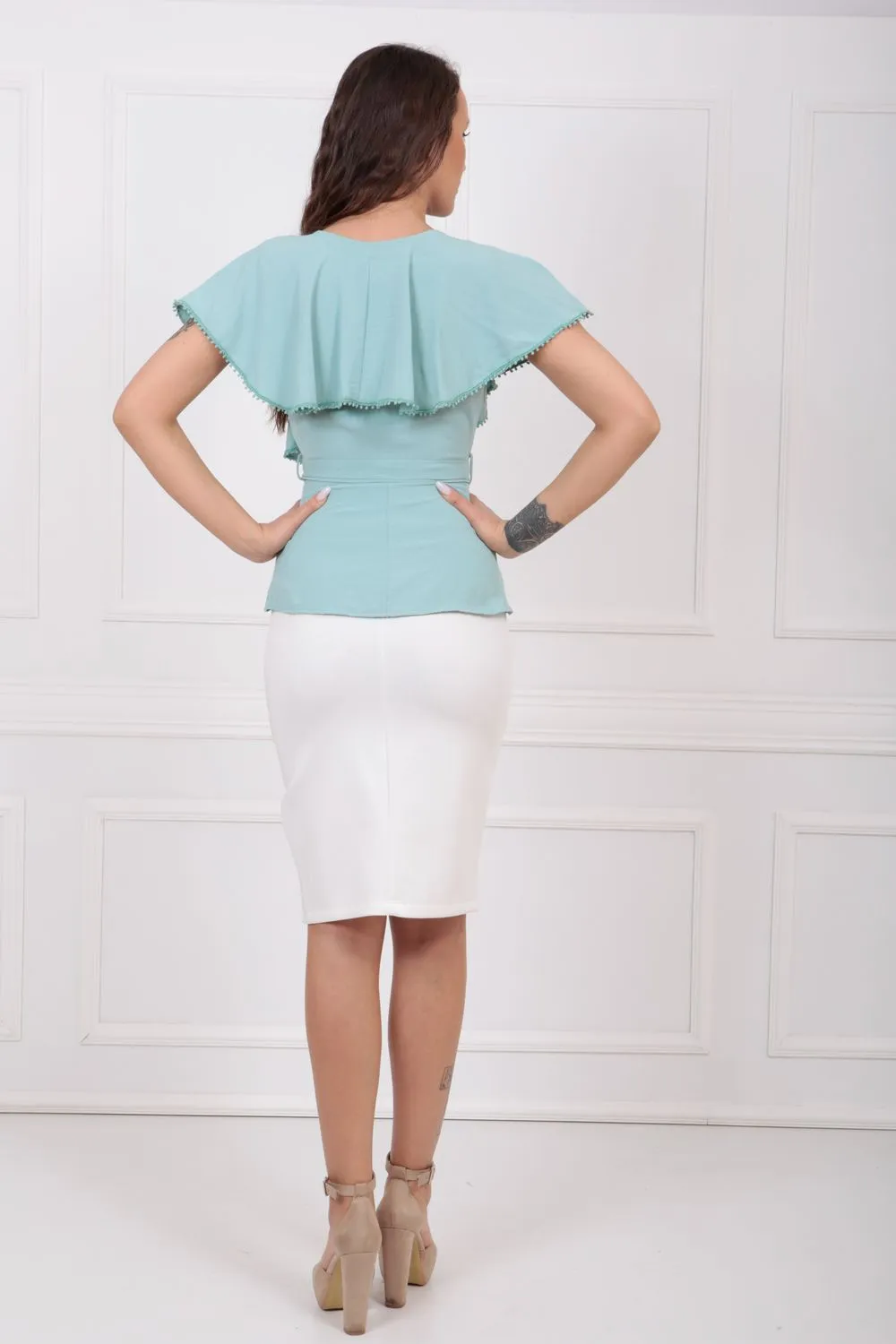 SNS Sense Ecru Scuba Ruffled Pencil Skirt ETK32701 - Aulnay-sous-Bois