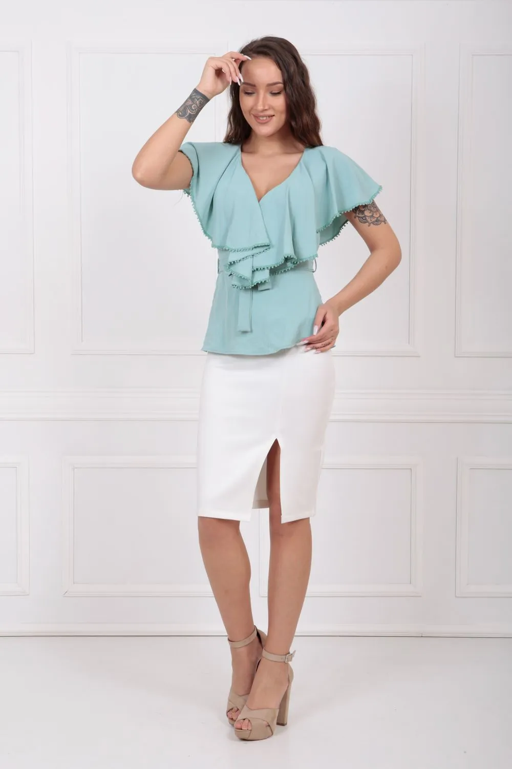 SNS Sense Ecru Scuba Ruffled Pencil Skirt ETK32701 - Aulnay-sous-Bois