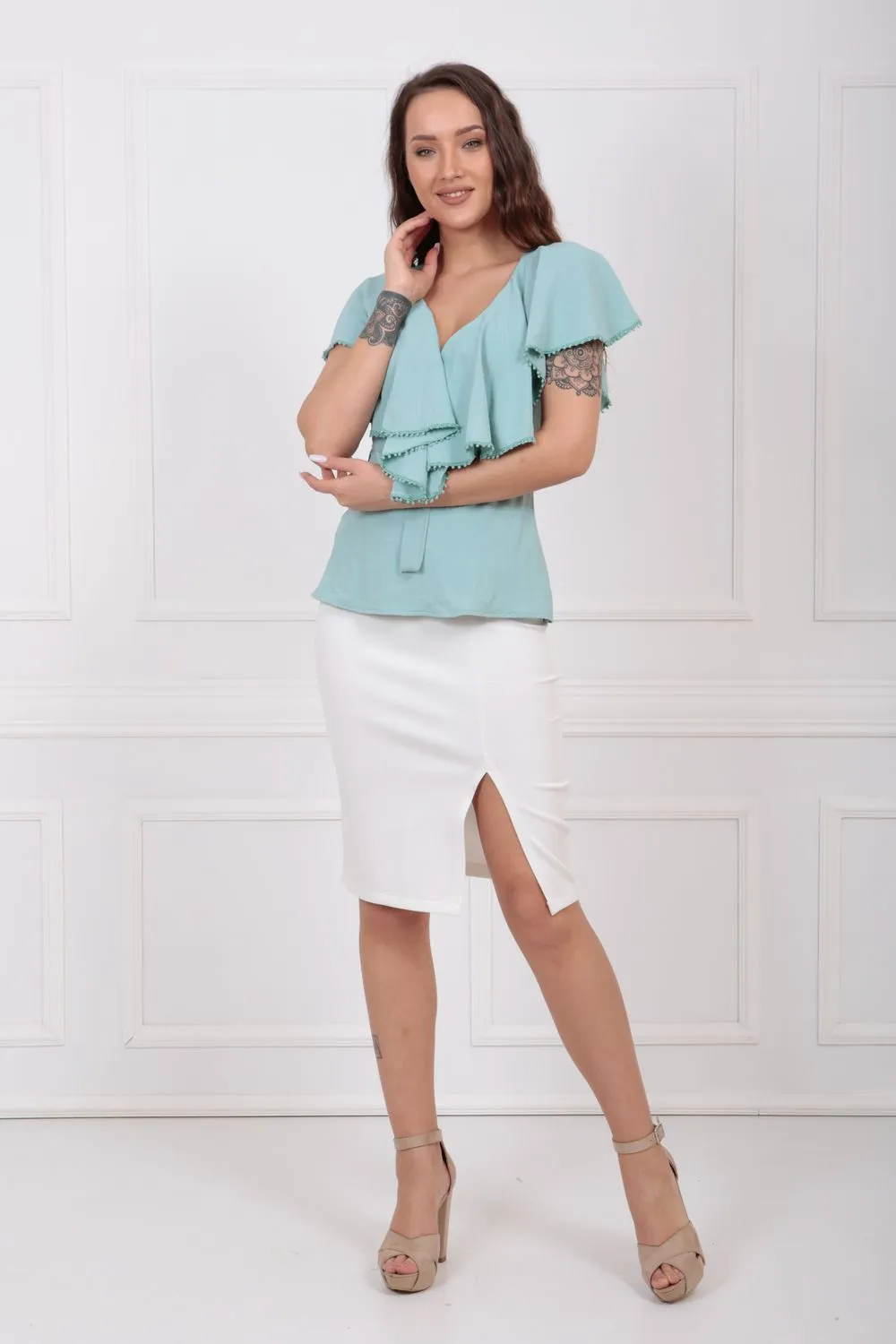 SNS Sense Ecru Scuba Ruffled Pencil Skirt ETK32701 - Aulnay-sous-Bois