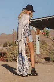 Thunderbird Maxi Kimono Boho Blue White Golden Print Gypsy Spell Long Beach Wrap One Size Fits Small Medium Large XL
