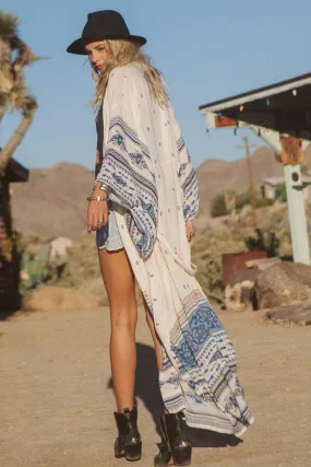 Thunderbird Maxi Kimono Boho Blue White Golden Print Gypsy Spell Long Beach Wrap One Size Fits Small Medium Large XL