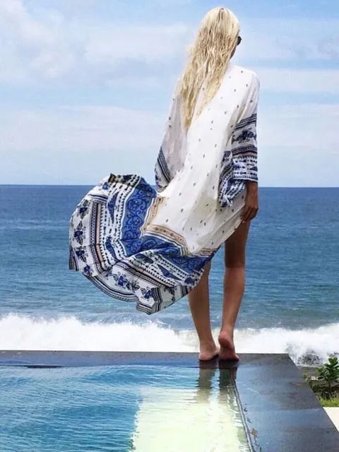 Thunderbird Maxi Kimono Boho Blue White Golden Print Gypsy Spell Long Beach Wrap One Size Fits Small Medium Large XL