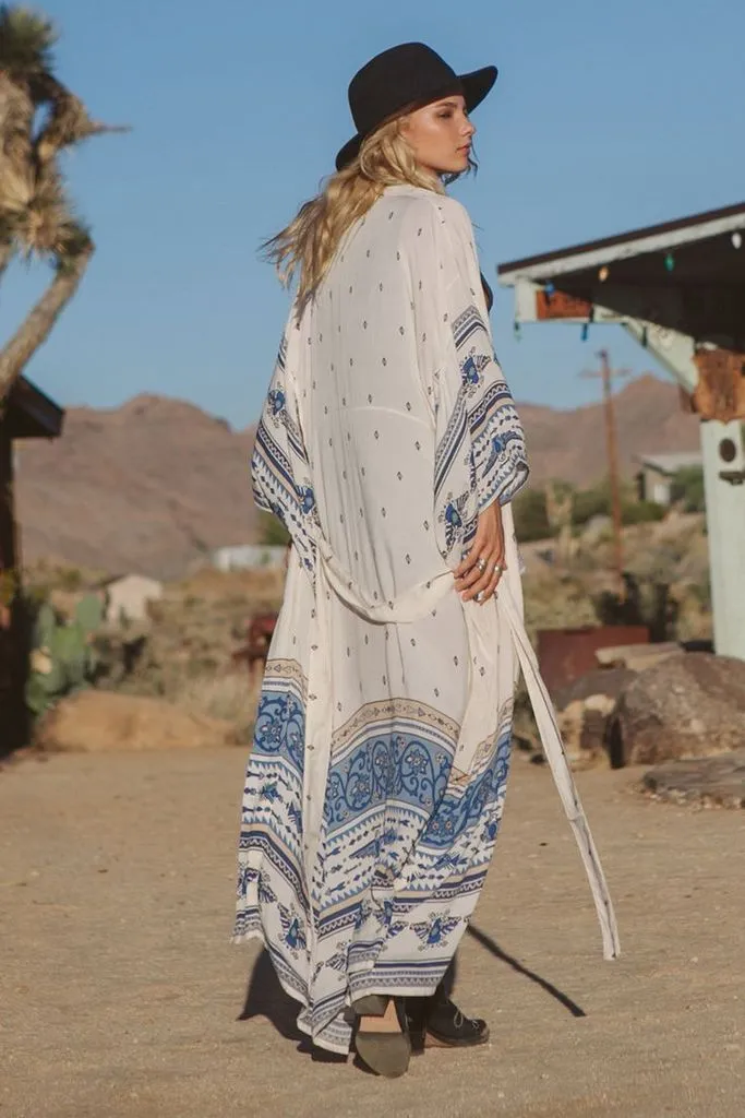 Thunderbird Maxi Kimono Boho Blue White Golden Print Gypsy Spell Long Beach Wrap One Size Fits Small Medium Large XL