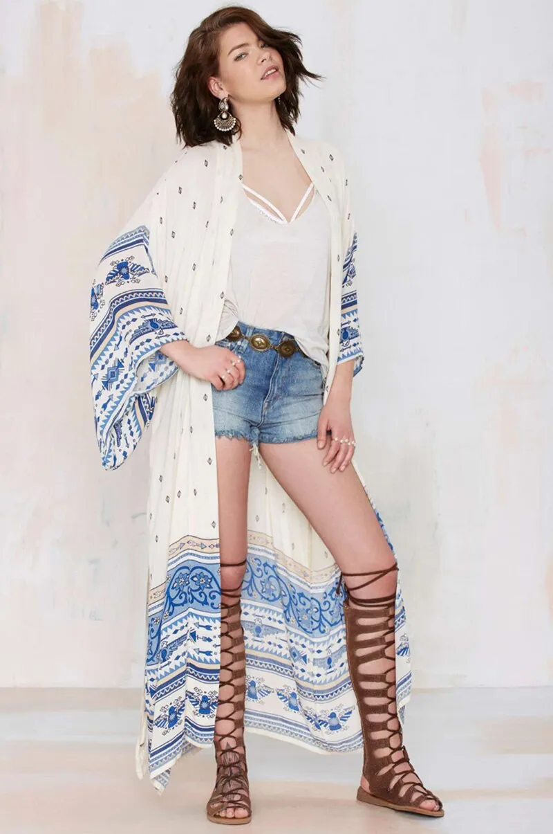 Thunderbird Maxi Kimono Boho Blue White Golden Print Gypsy Spell Long Beach Wrap One Size Fits Small Medium Large XL