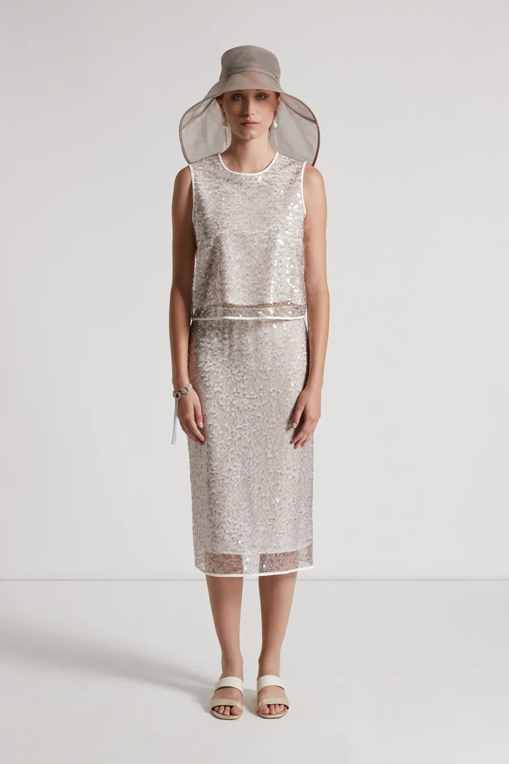 Translucent sequin net midi skirt