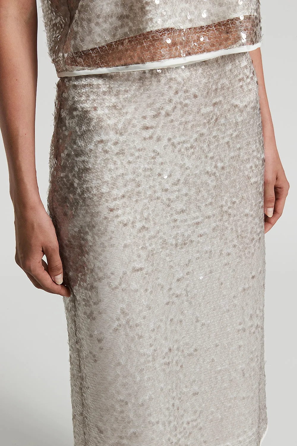 Translucent sequin net midi skirt