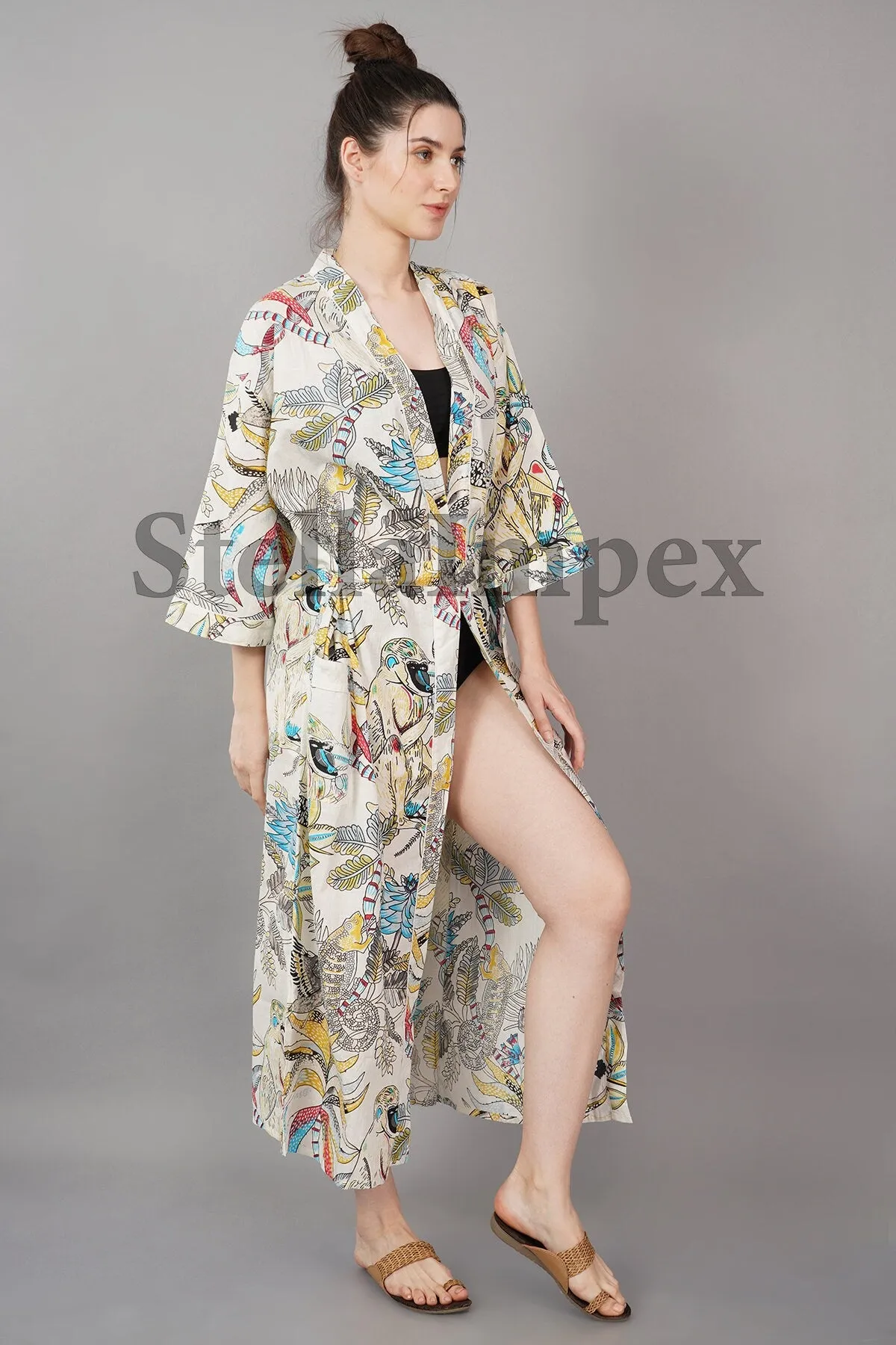 Trendy Cotton Kimono Elegant White Jungle Print Bathrobe Resort Wear Beach Bikini Cover-ups Boho Kimono Bathrobe, Gift for Her