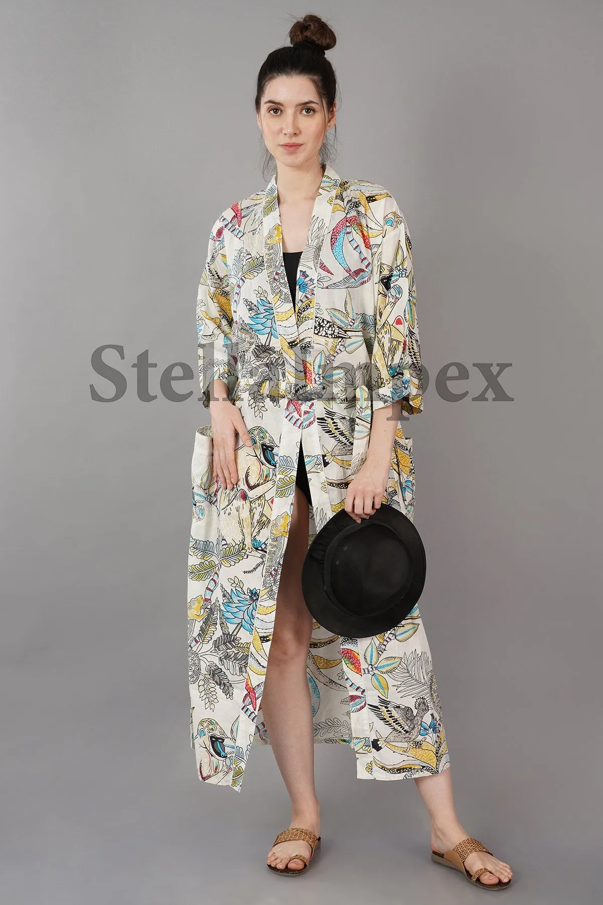 Trendy Cotton Kimono Elegant White Jungle Print Bathrobe Resort Wear Beach Bikini Cover-ups Boho Kimono Bathrobe, Gift for Her