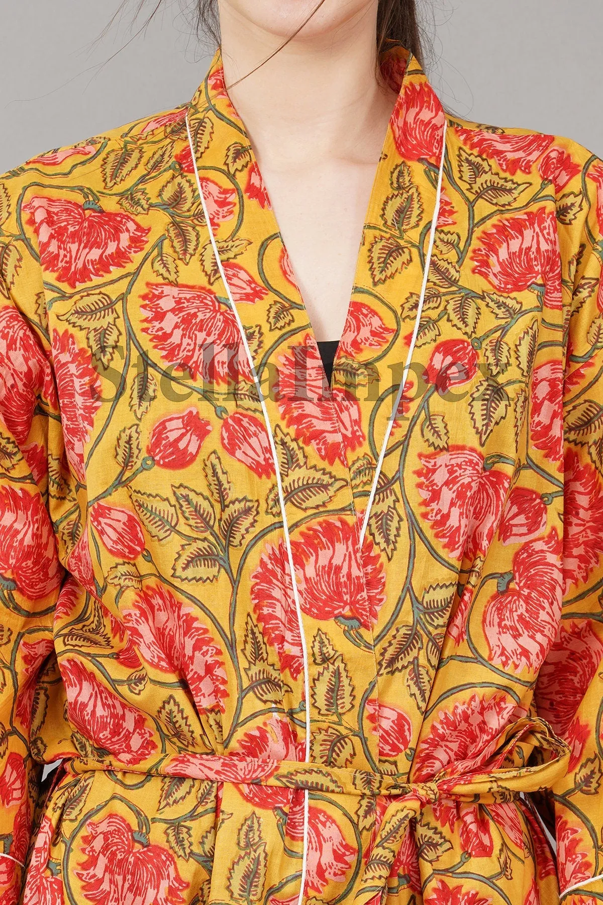 Trendy Cotton Kimono Elegant Yellow & Pink Floral Bathrobe Resort Wear Beach Bikini Cover-ups Boho Kimono Bathrobe, Gift for Her