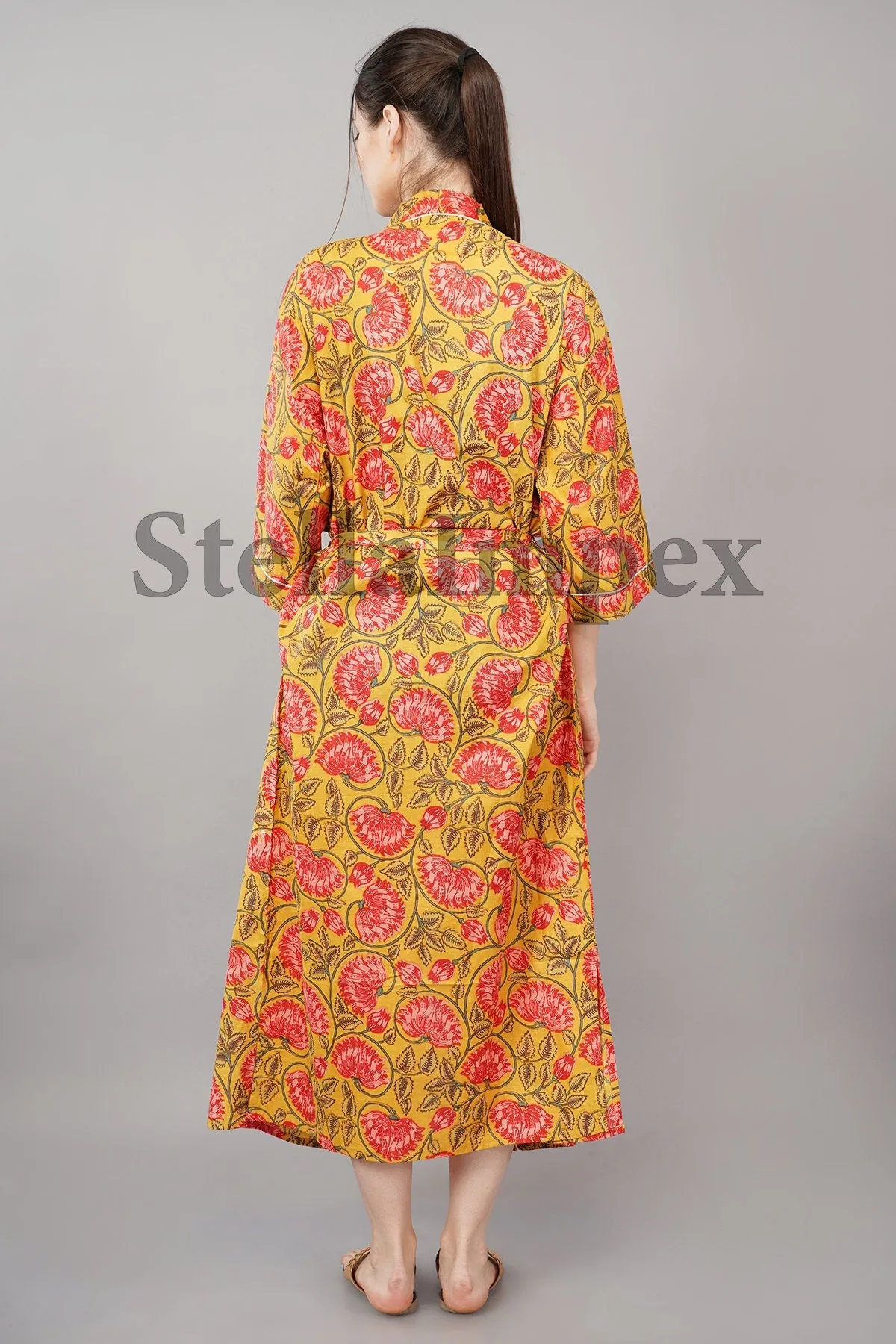 Trendy Cotton Kimono Elegant Yellow & Pink Floral Bathrobe Resort Wear Beach Bikini Cover-ups Boho Kimono Bathrobe, Gift for Her
