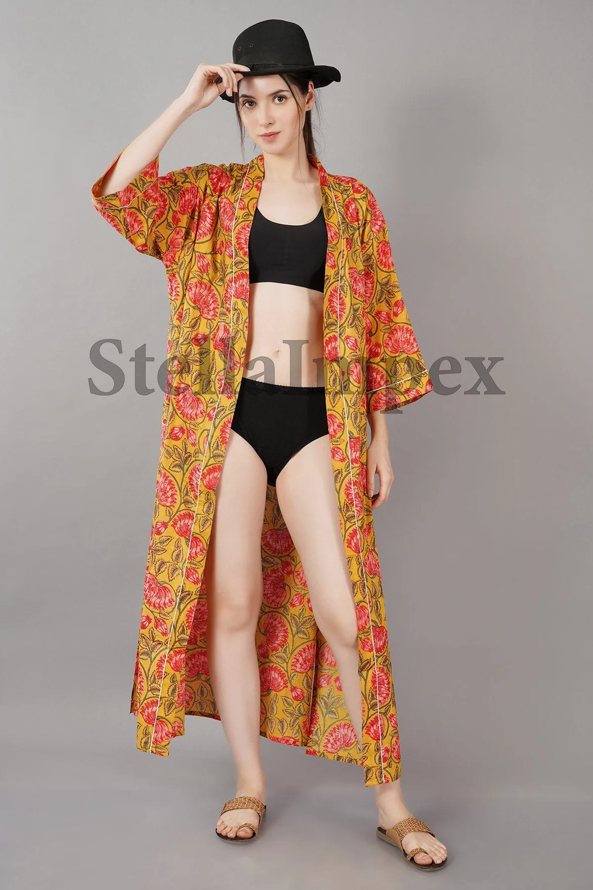 Trendy Cotton Kimono Elegant Yellow & Pink Floral Bathrobe Resort Wear Beach Bikini Cover-ups Boho Kimono Bathrobe, Gift for Her