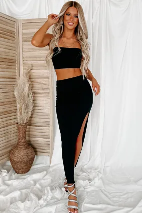 Turning On The Charm Ribbed Crop Top & Maxi Skirt Set (Black)