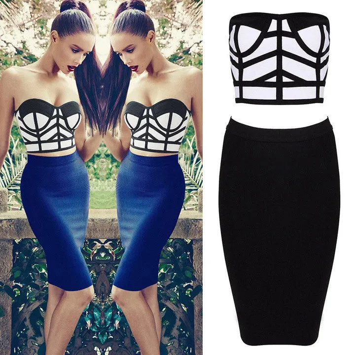 Two Pieces Bustier Crop Top Pencil Skirt Dress Set