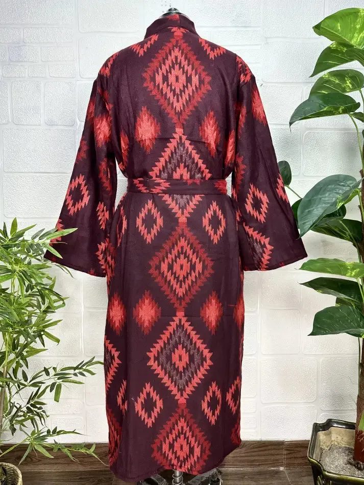 Unisex Yak Wool Blend Geometric Diamonds Kimono/Robe | Luxurious Black Red Teal Urban Floral Print | Warm Hygge Christmas Gift for Her & Him