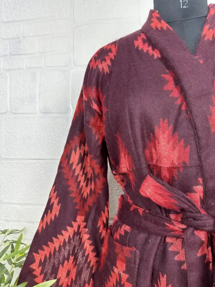 Unisex Yak Wool Blend Geometric Diamonds Kimono/Robe | Luxurious Black Red Teal Urban Floral Print | Warm Hygge Christmas Gift for Her & Him