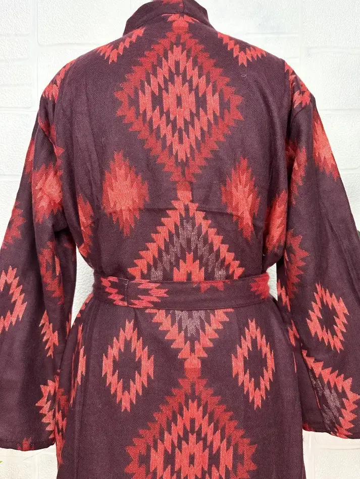 Unisex Yak Wool Blend Geometric Diamonds Kimono/Robe | Luxurious Black Red Teal Urban Floral Print | Warm Hygge Christmas Gift for Her & Him