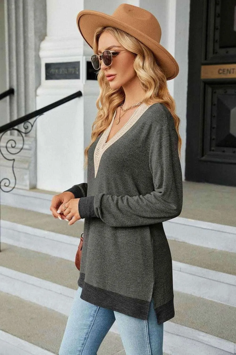 V-Neck Long Sleeve T-Shirt - Chic and Comfortable Style