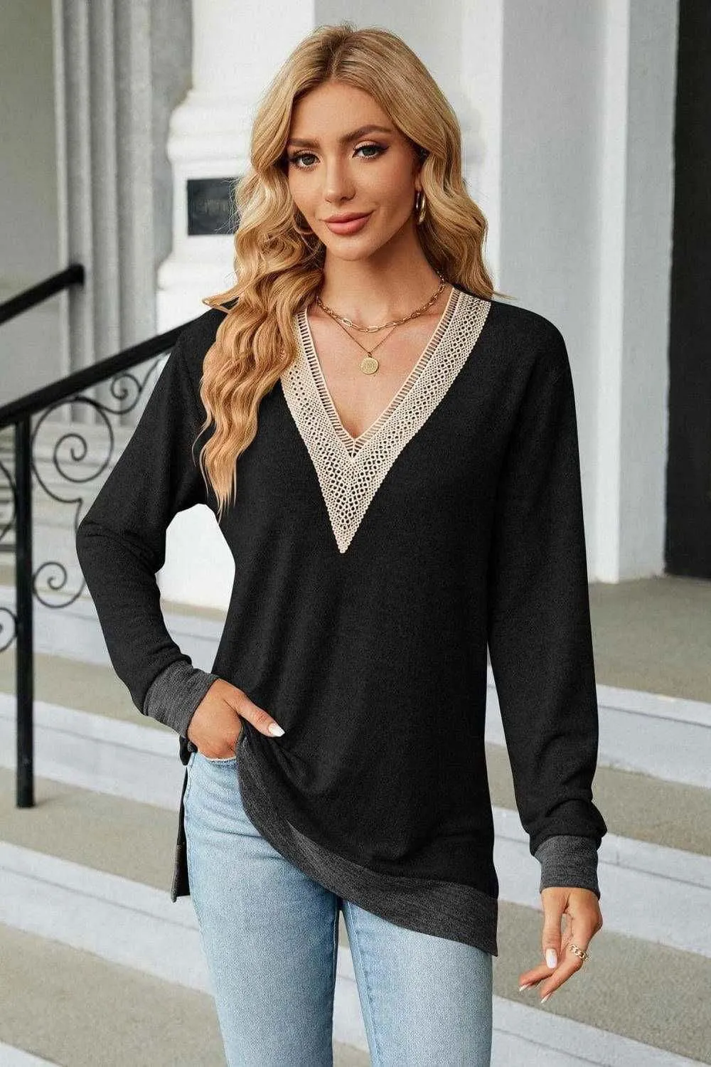 V-Neck Long Sleeve T-Shirt - Chic and Comfortable Style