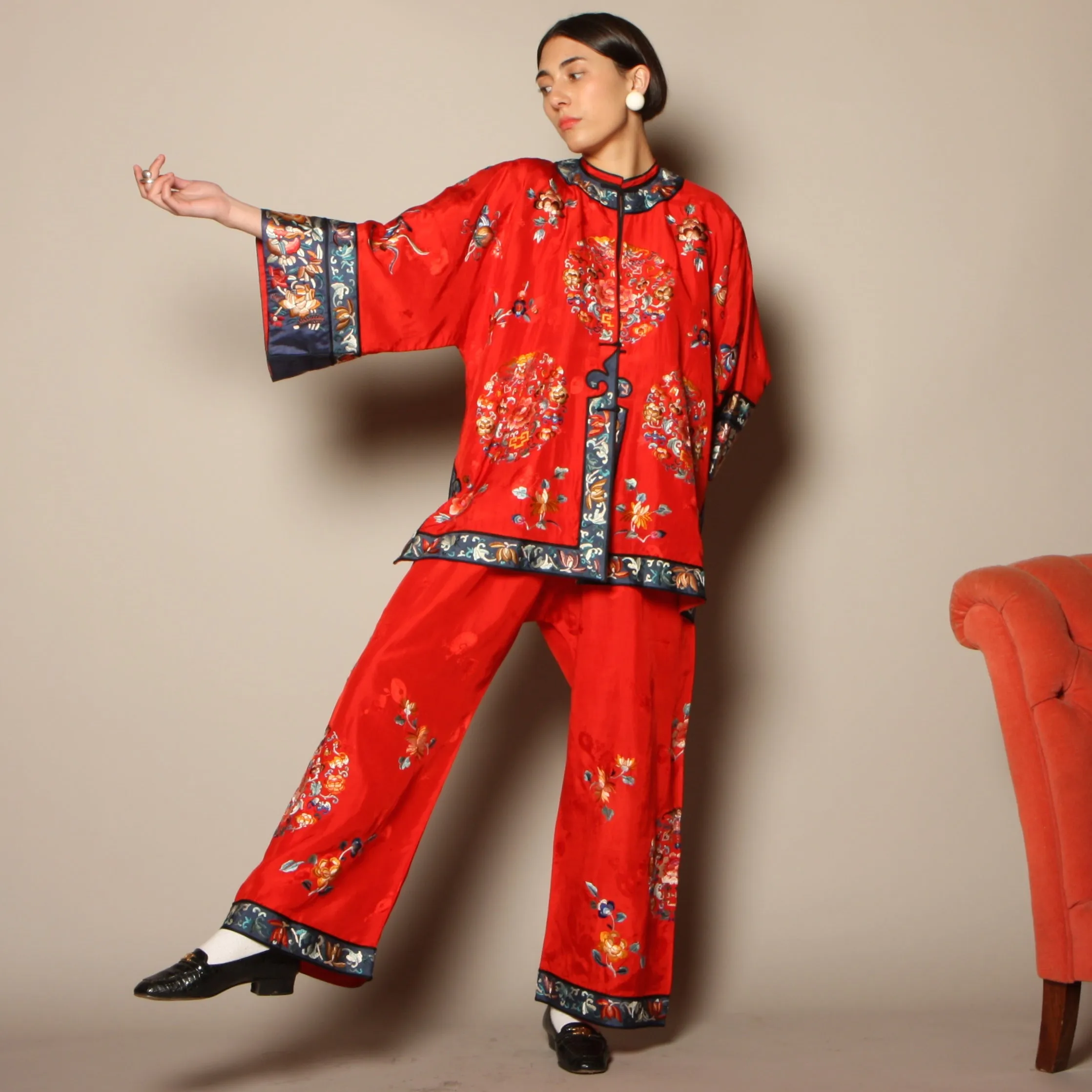 Vintage 40's Embroidered Chinese Silk Pajama Set