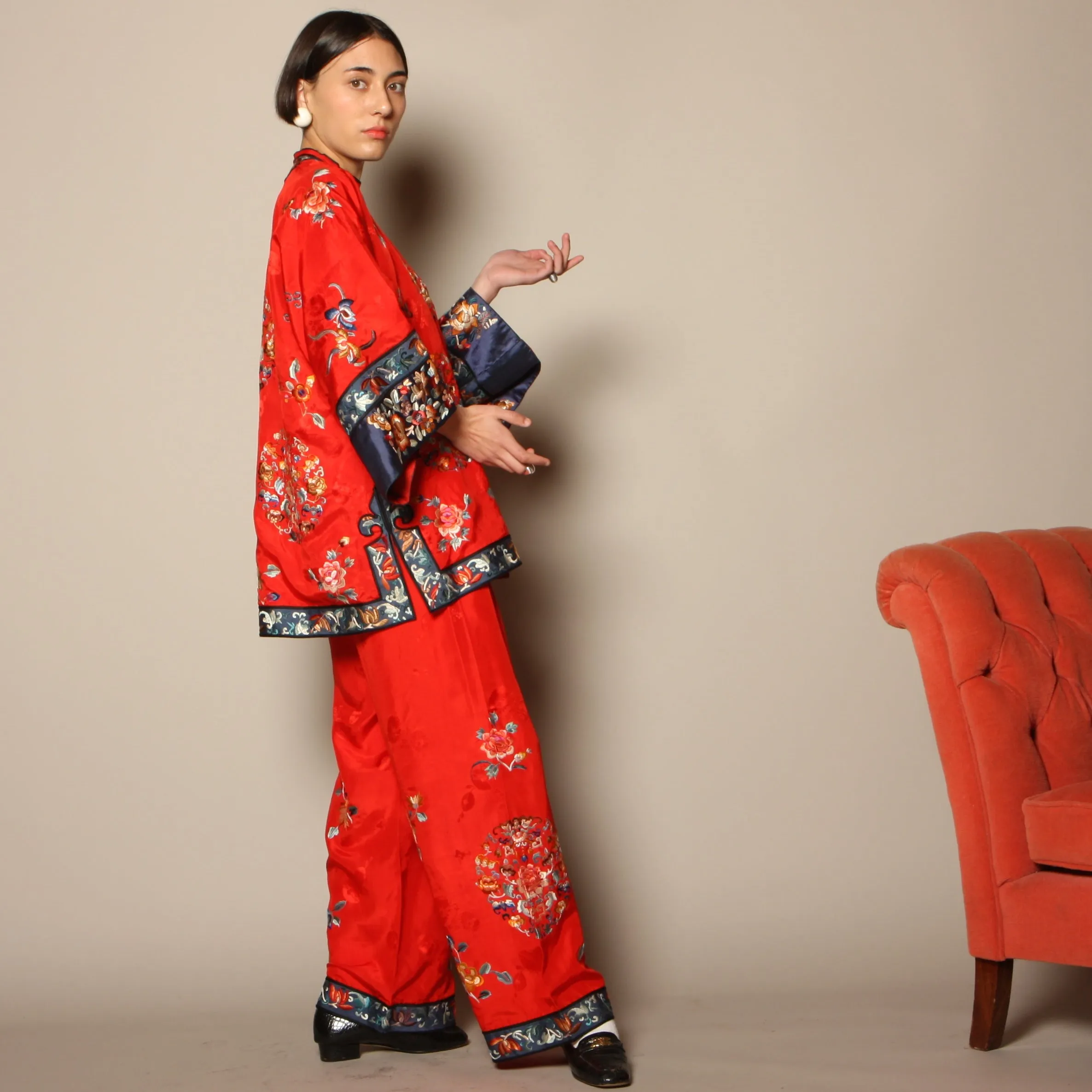 Vintage 40's Embroidered Chinese Silk Pajama Set
