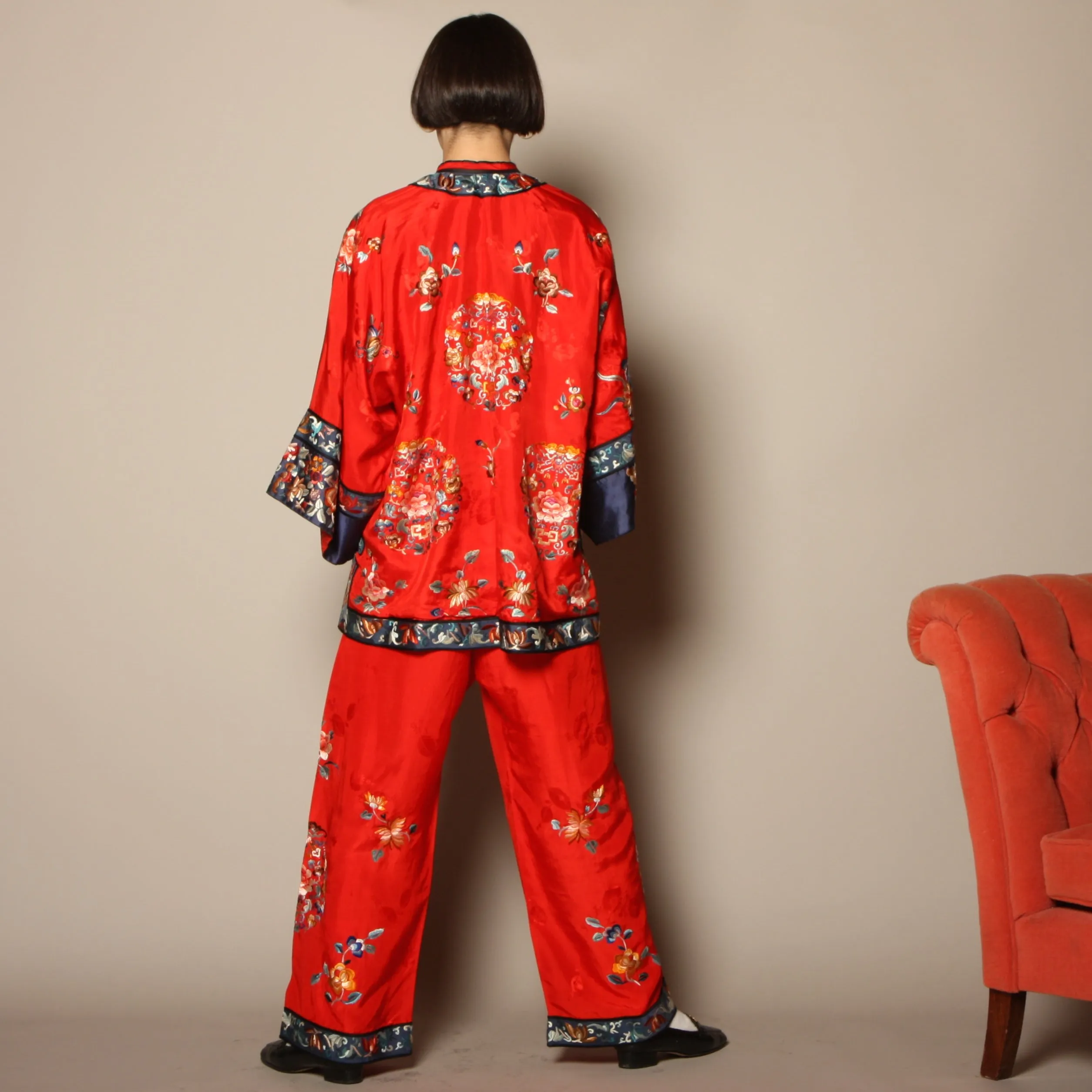Vintage 40's Embroidered Chinese Silk Pajama Set