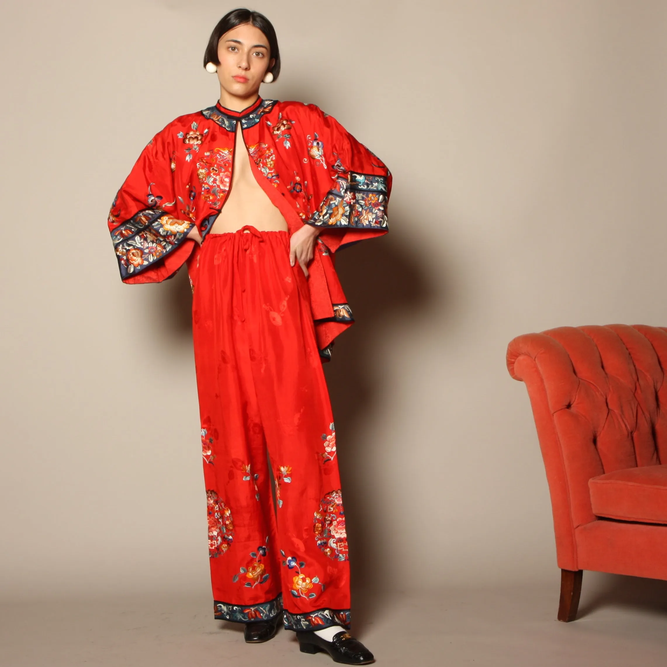 Vintage 40's Embroidered Chinese Silk Pajama Set