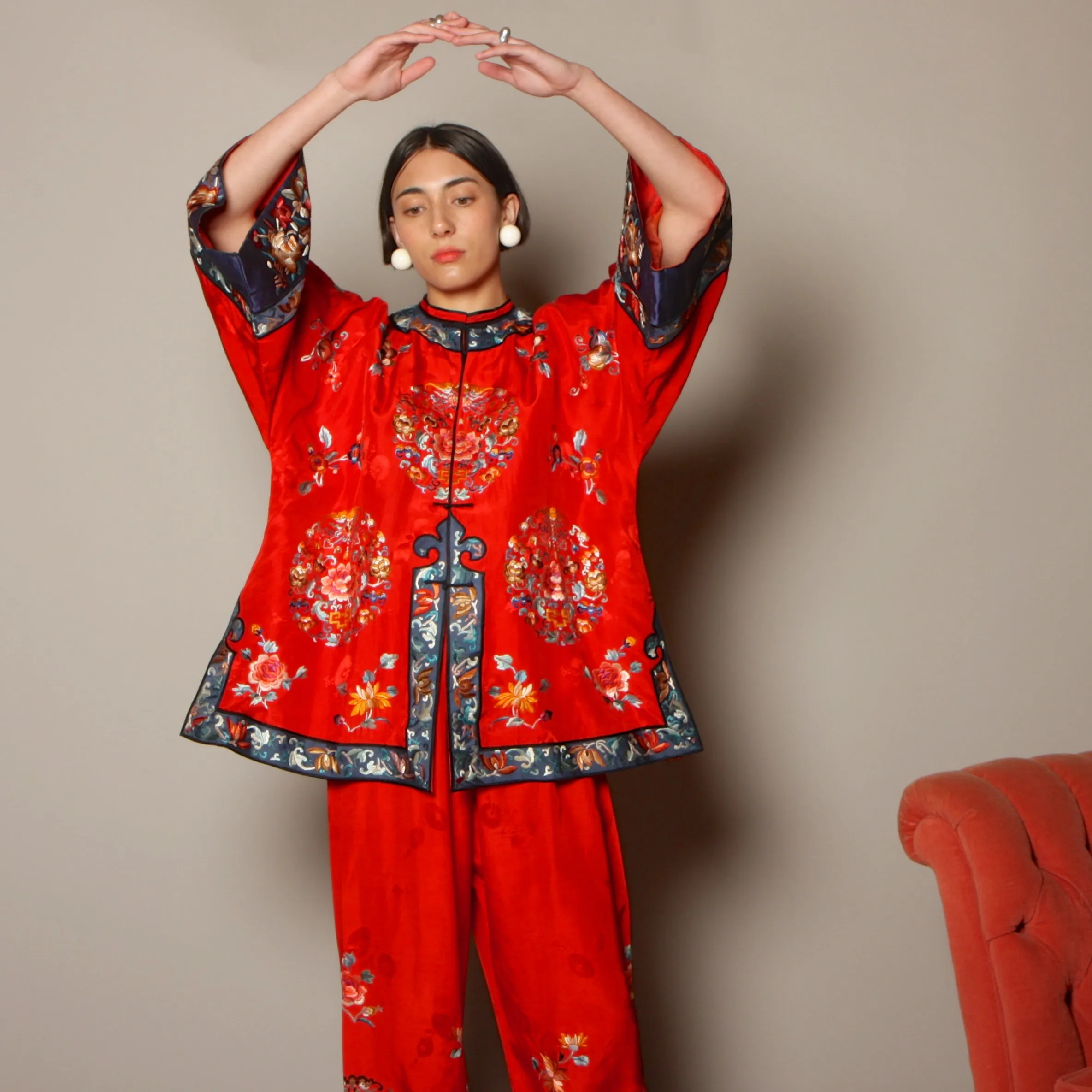Vintage 40's Embroidered Chinese Silk Pajama Set