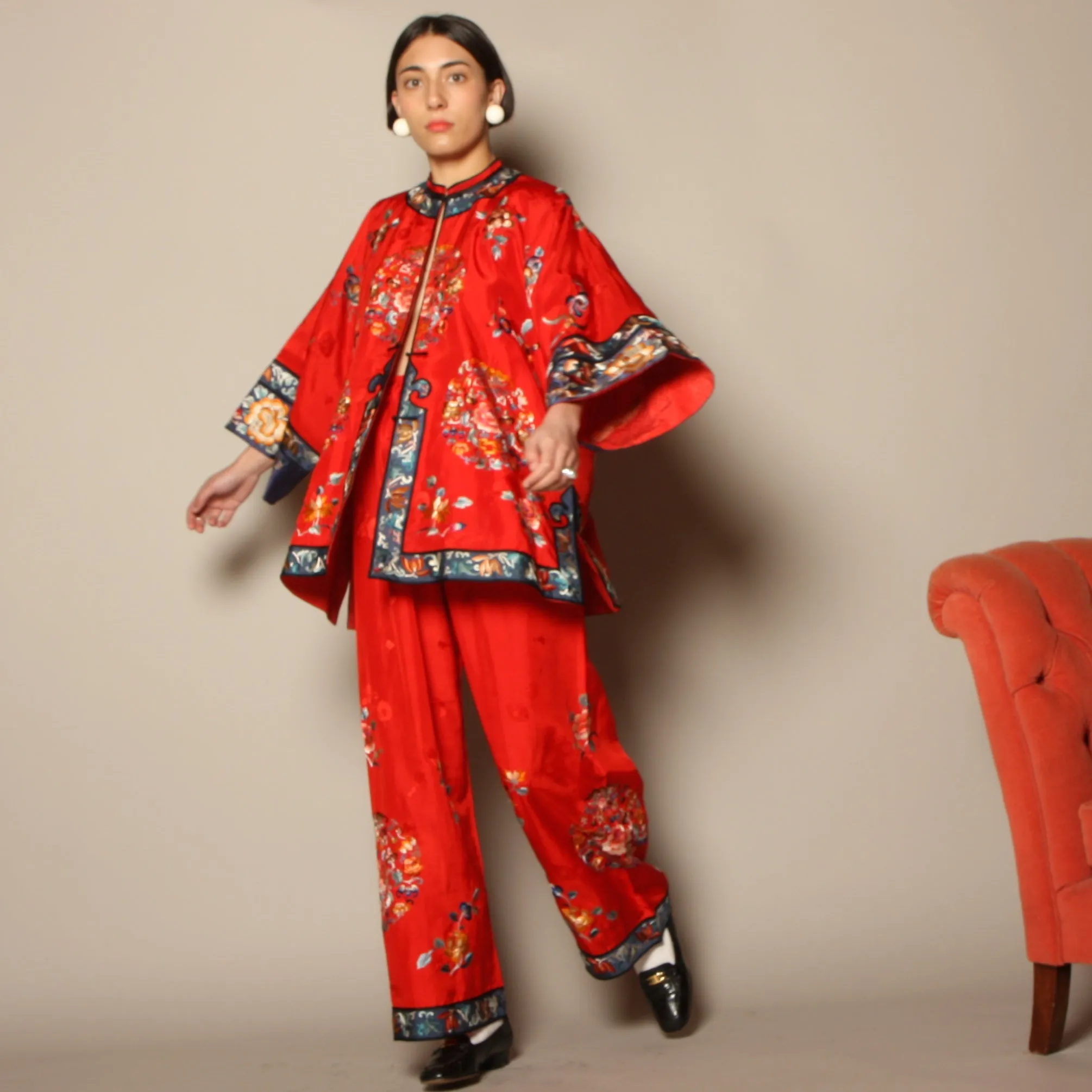 Vintage 40's Embroidered Chinese Silk Pajama Set