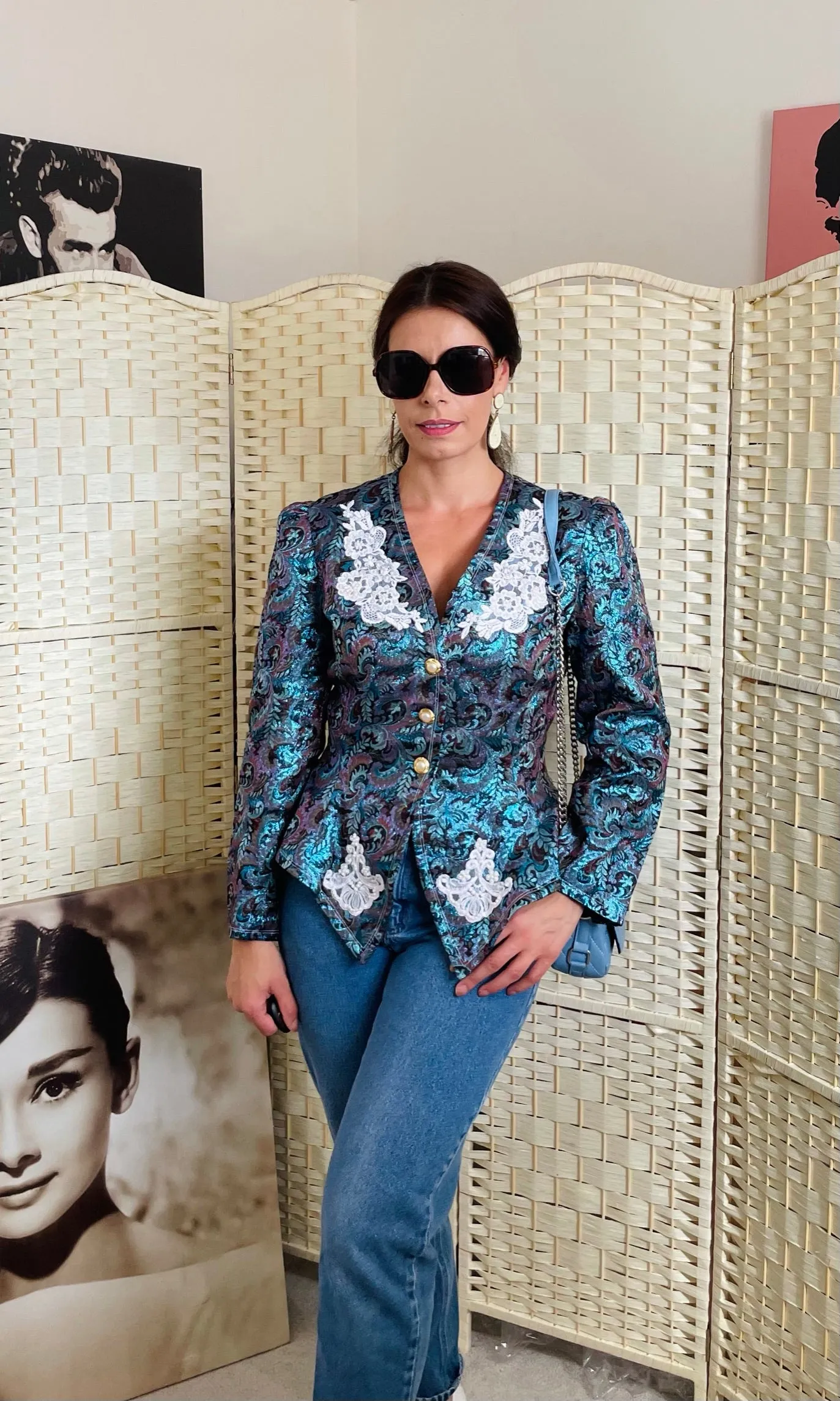 Vintage Blue Jacquard Blazer Jacket