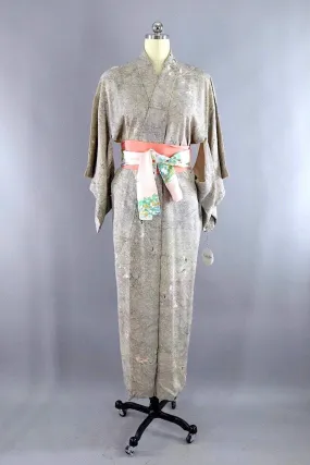 Vintage Grey Marble Floral Print Silk Kimono Robe
