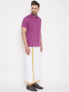VM By VASTRAMAY Men's Pink and White Cotton Blend Shirt And Mundu Set