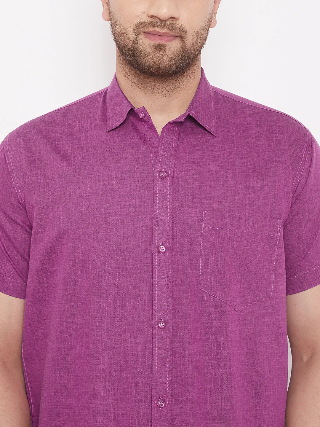 VM By VASTRAMAY Men's Pink and White Cotton Blend Shirt And Mundu Set