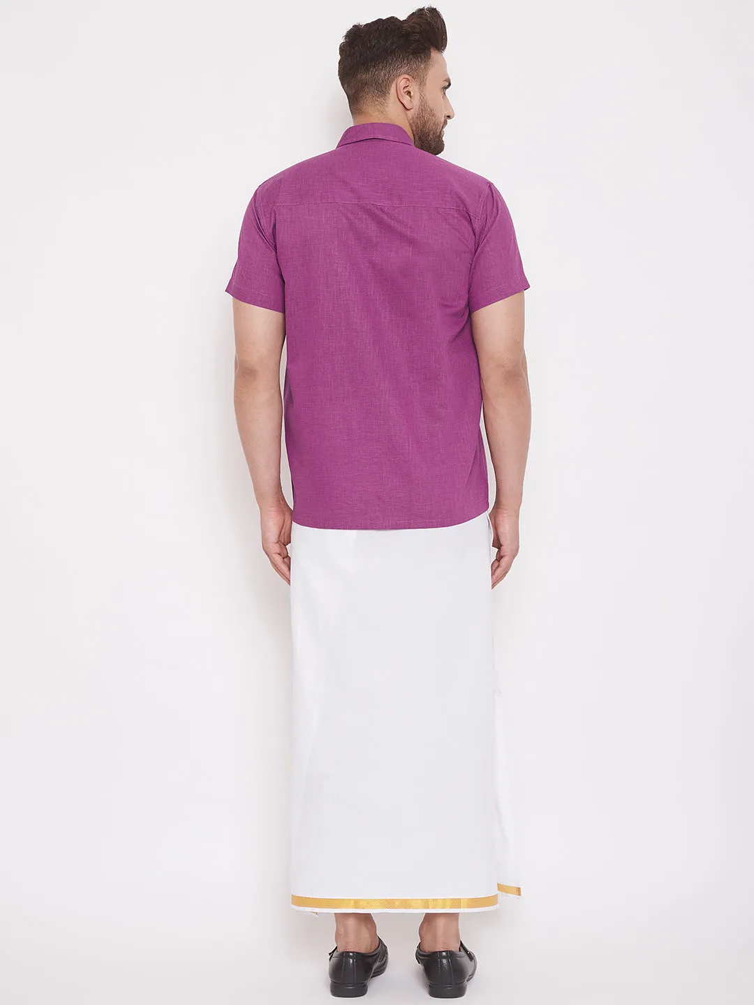 VM By VASTRAMAY Men's Pink and White Cotton Blend Shirt And Mundu Set