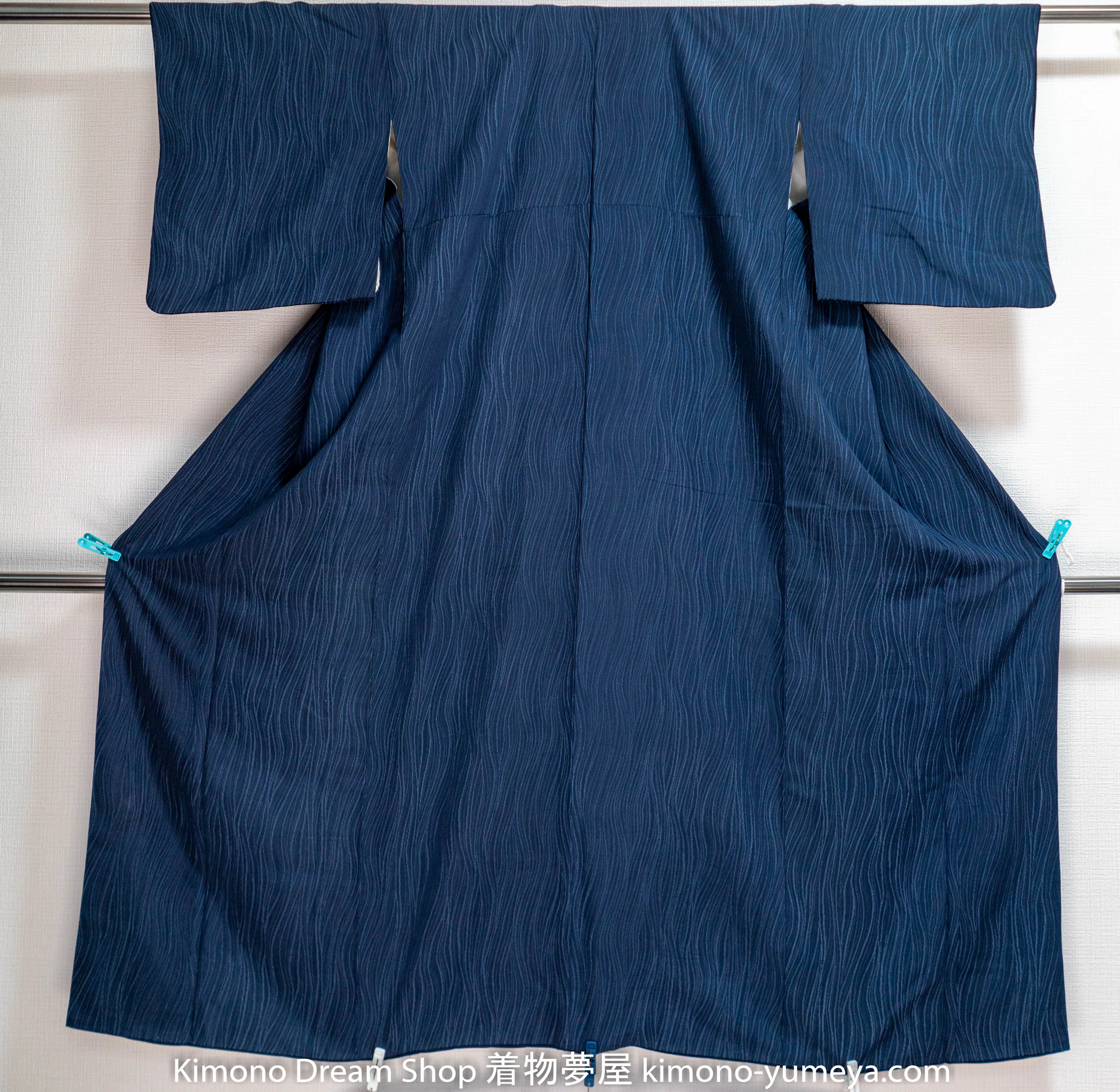 Wavy Komon Line Kimono - Vintage Dark Blue Silk Traditional Japanese Clothing - Komon Pattern Waves