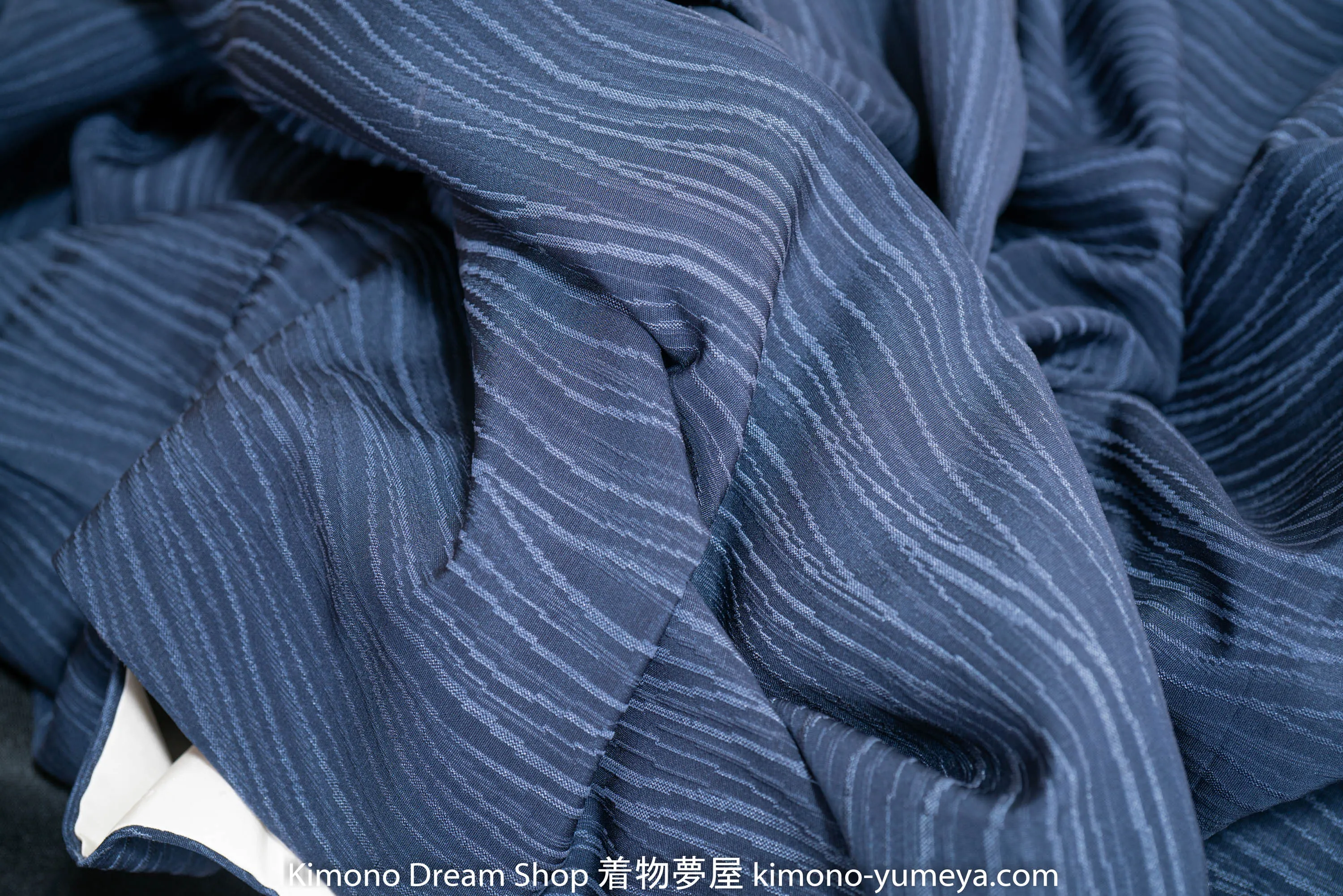Wavy Komon Line Kimono - Vintage Dark Blue Silk Traditional Japanese Clothing - Komon Pattern Waves