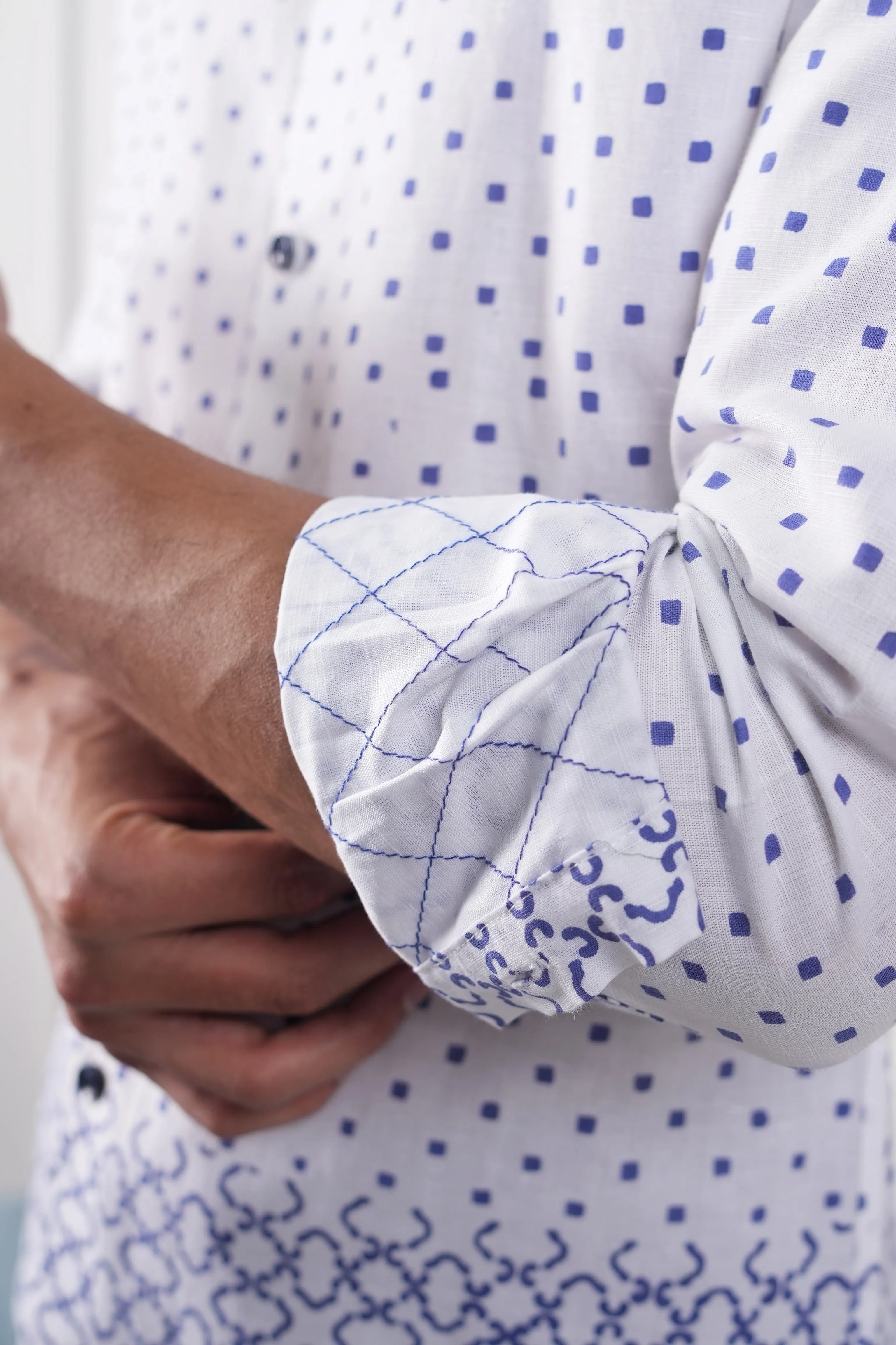 White Bluebonnet Block Print Linen Shirt
