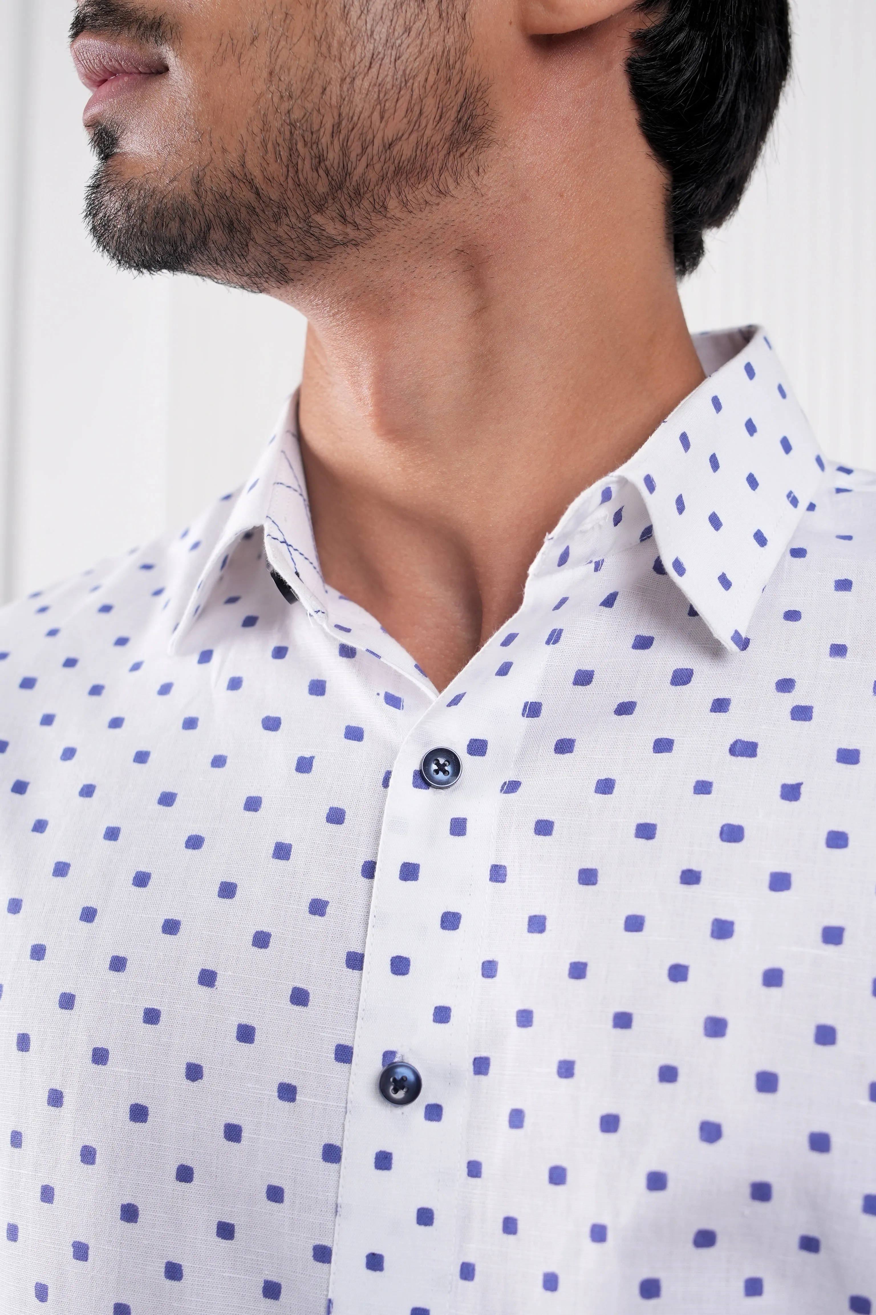 White Bluebonnet Block Print Linen Shirt