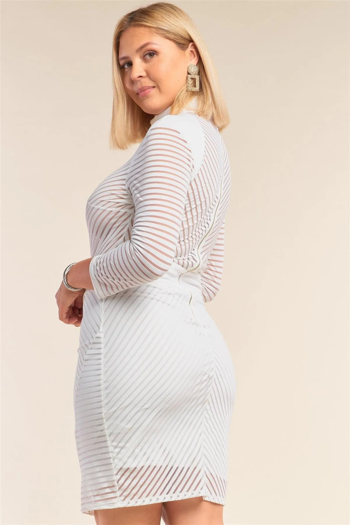 White Junior Plus Size Long Sleeve Chevron Sheer Bodycon Mini Dress /3-3