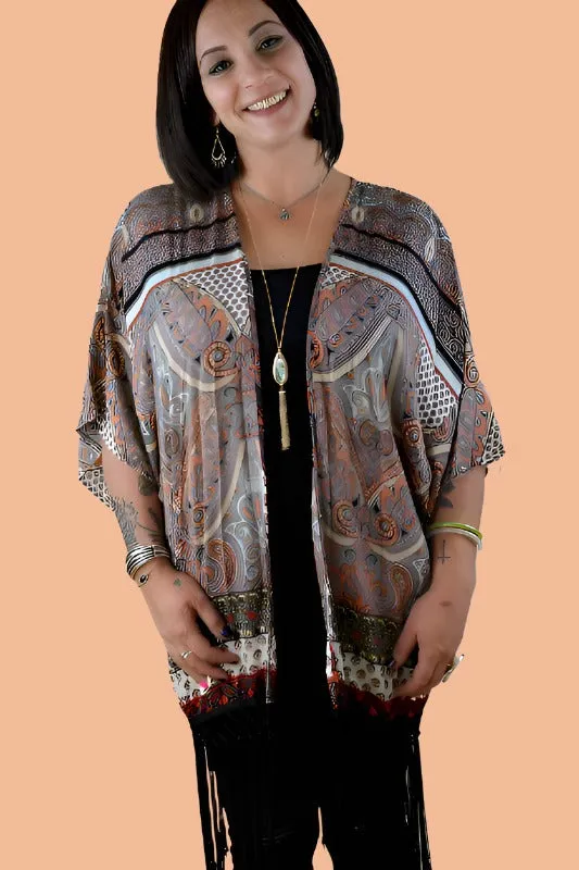 White Mark Paisley Fringe Kimono