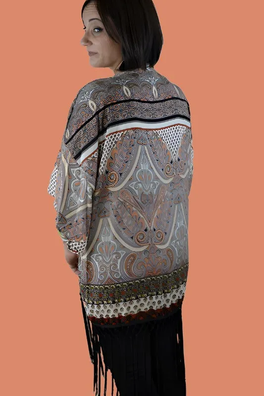 White Mark Paisley Fringe Kimono